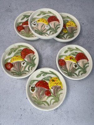 Vintage MCM handpainted Mushroom coasters set of 6 *Chips on some