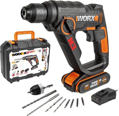 WORX WX390 18V Cordless H3 Rotary Hammer Drill Battery x8 Drill Bit set  Case UK