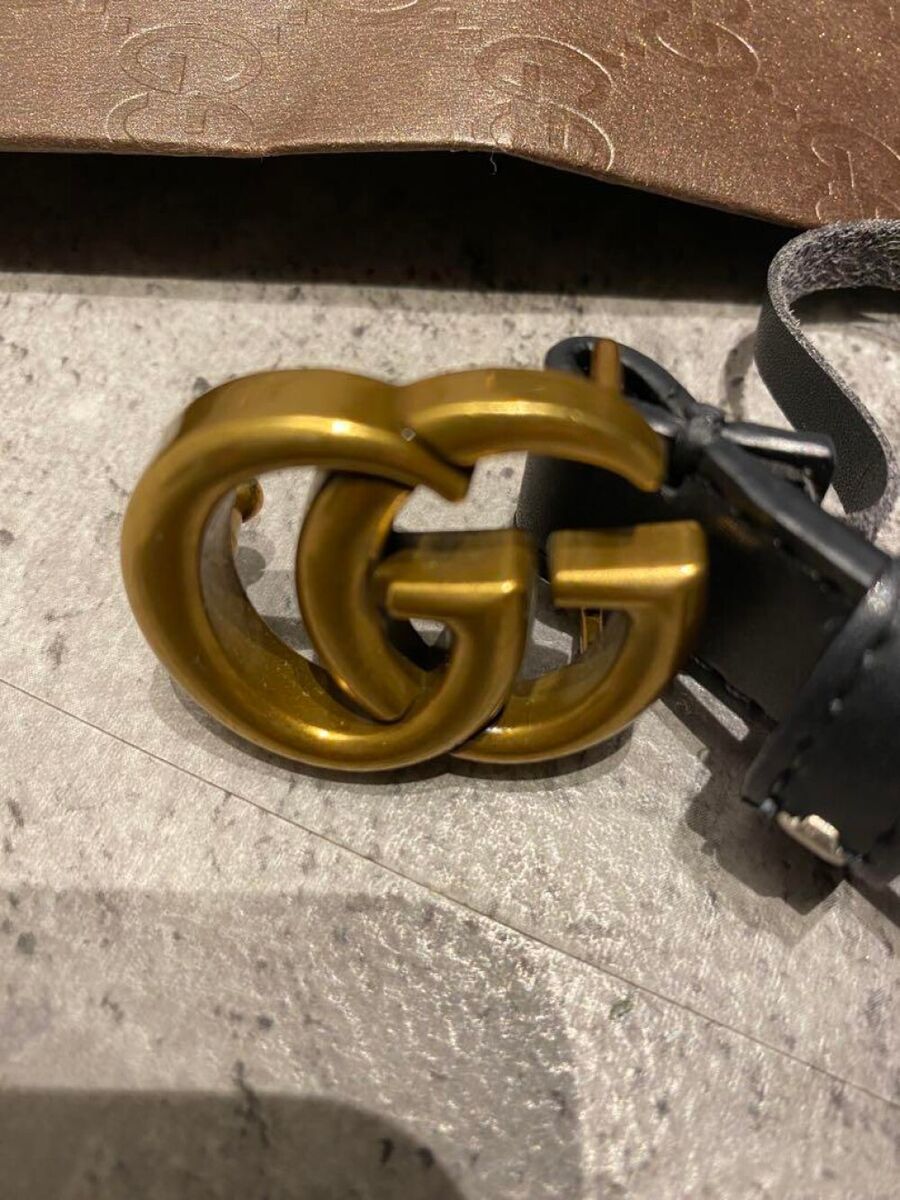 Gucci 85/34 GG Marmont Gold buckle GG logo leather belt with Gucci 85/34 GG Marmont Gold buckle GG logo leather belt with