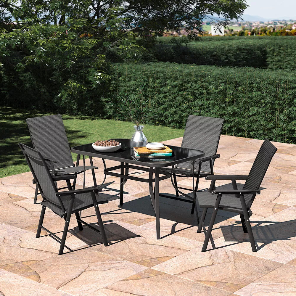 Garden Patio Furniture XL Glass Table Folding Chairs Set Outdoor