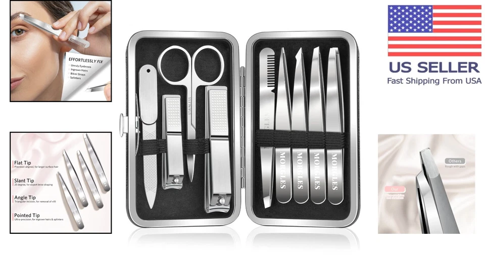 Luxury 9-Pc Nail Care Set: Stainless Steel Tweezers & Clippers in Leather Case Foto 2 de 4