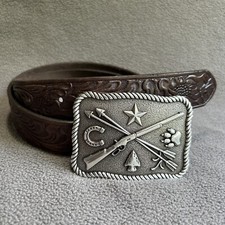 Tony Lama Kid s Cowboys Indians Belt Dark Brown Tooled Leather Buckle 28
