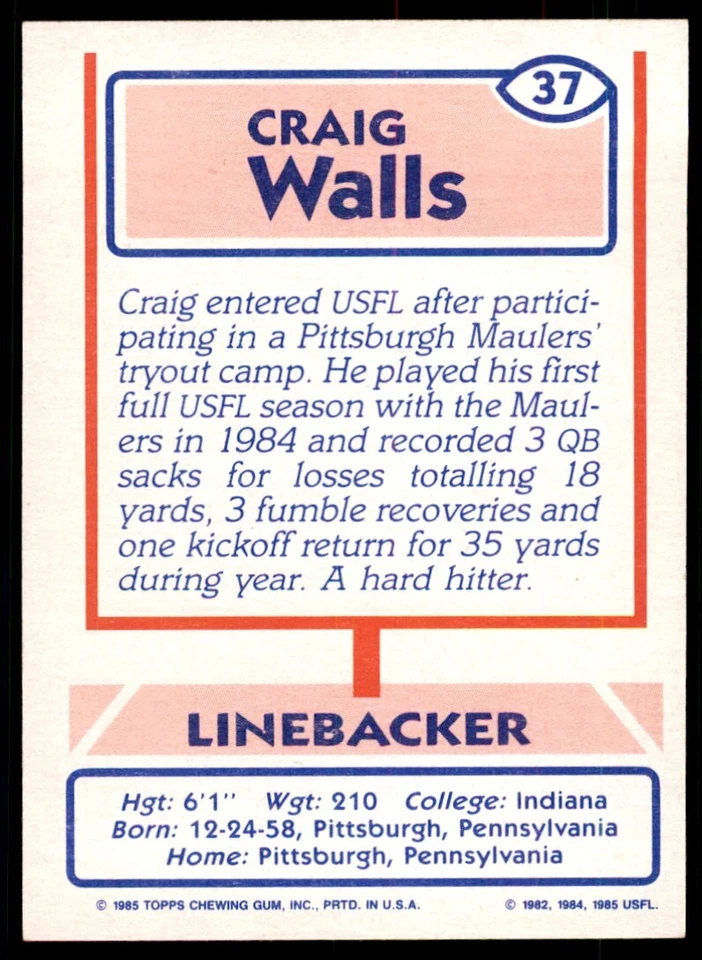 1985 Topps USFL Craig Walls Football Cards #37 - Image 2 of 2