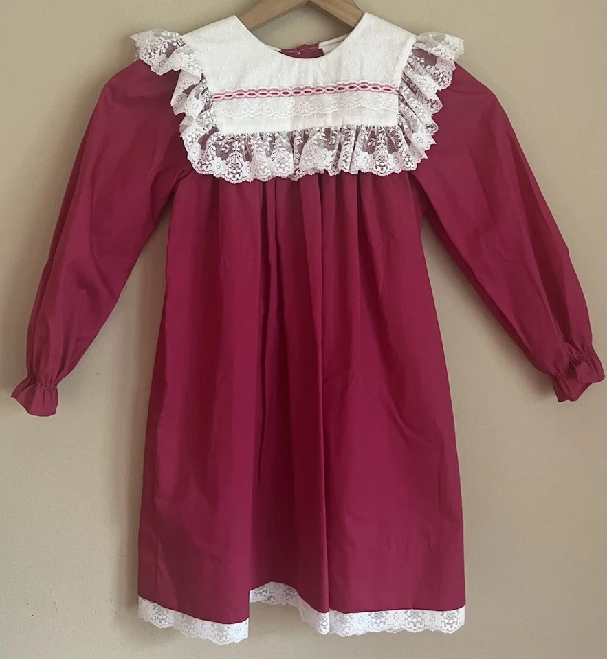 Vestido Bryan Bishop Vintage Años 80 90 Niñas Talla 6 Rosa Fucsia Encaje Manga Larga Foto 2 de 4