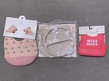 Lot of 4 Silicone Bibs Silicone Plate Utensils Pink Baby Nicole Miller NEW