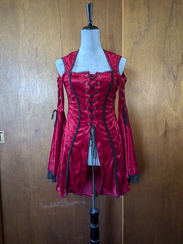 Lip Service Gothic Renaissance Velvet Lace-Up Bell Sleeve Dress Red Black L