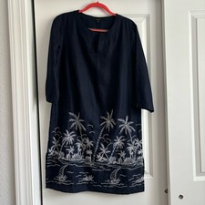 Talbots Linen Shift Dress Navy Blue Embroidered Beaded Beachy Palms Sz M