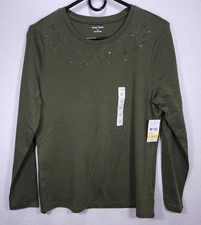 Studio Works Women's Embellished Neckline Long Sleeve Shirt Green Size Medium