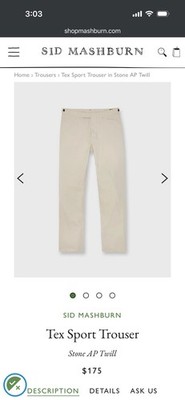 Sid Mashburn Tex Khaki Cotton Twill Pant - Mens Size 32 Unhemmed 
