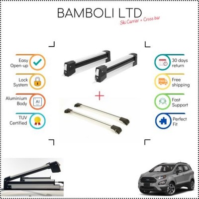 Bamboli 29.5'' Ski Carrier & Silver Cross Bar Set For Ford Ecosport 2016-> 4 pcs