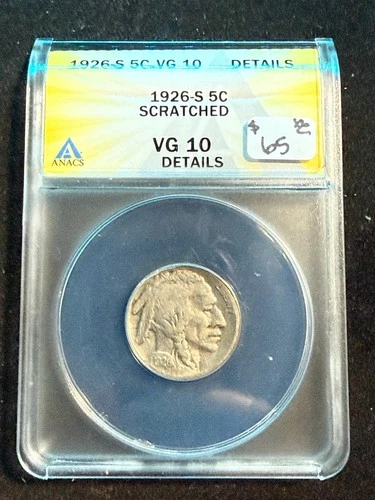 1926 S BUFFALO NICKEL ANACS VG 10 DETAILS SCRATCHED