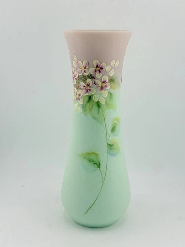 Fenton Hand-Painted Burmese Glass Vase – Pink & Green Floral, 9”