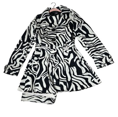Luii Zebra Animal Print Trench Coat Jacket Size M Belted Pockets Cotton Blend