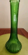 Vintage Hoosier Glass  #4096 9" Emerald Green Bud Vase / Vertical Ridges Pattern