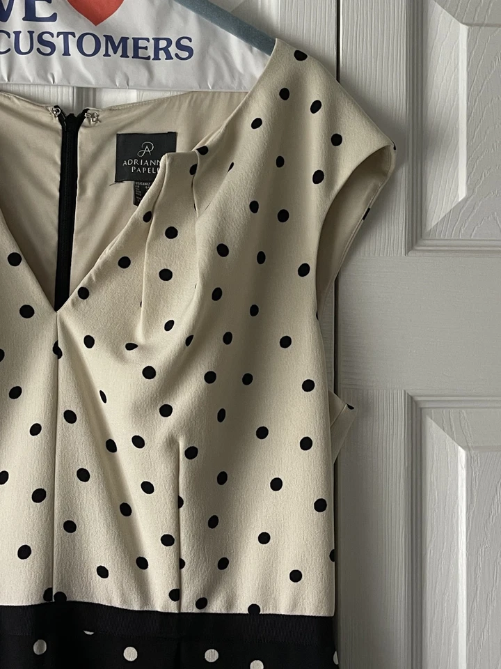 Adrianna Papell Polka Dot Fit & Flare Dress Size 12 Black & White Retro Style - Image 3 of 4