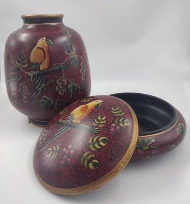 Large Maroon Vase And Matching Trinket Box With Lid Both Have A Beautiful Bird