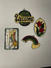 Vintage Rainbow, Welcome, Rose, Stained Glass Window Hanging Suncatcher Lot