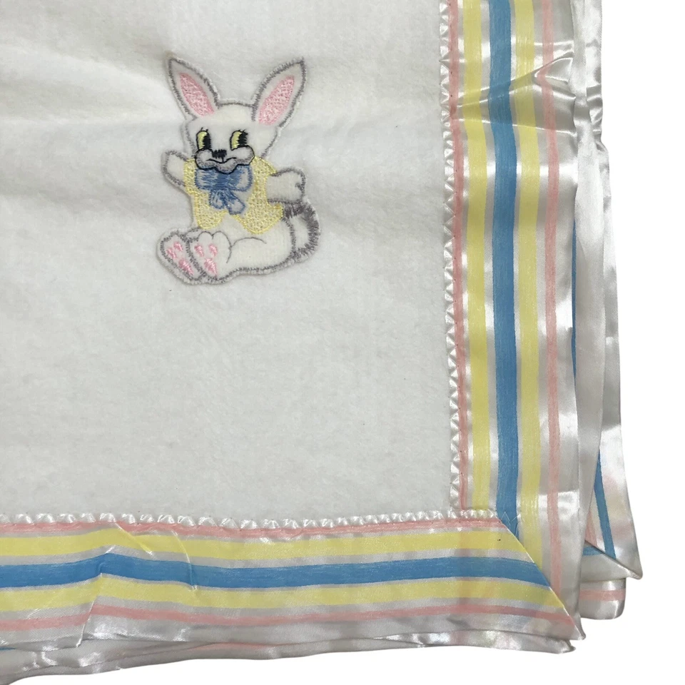 Vintage Baby Blanket White Acrylic Pink Blue Yellow ￼Satin Binding Bunny Unisex - Image 3 of 4