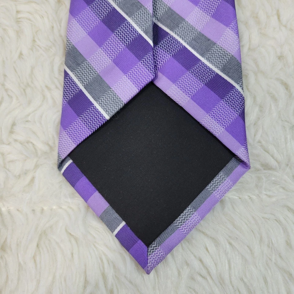 Van Heusen Check Necktie Men Purple Gray White Checkered Wedding Work Sharp Tie - Image 4 of 4