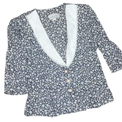 Vintage Rock Bluse Kleid Damen 14 blau Blumen Kragen Sekretärin Akademie Sissy - Bild 9 von 19