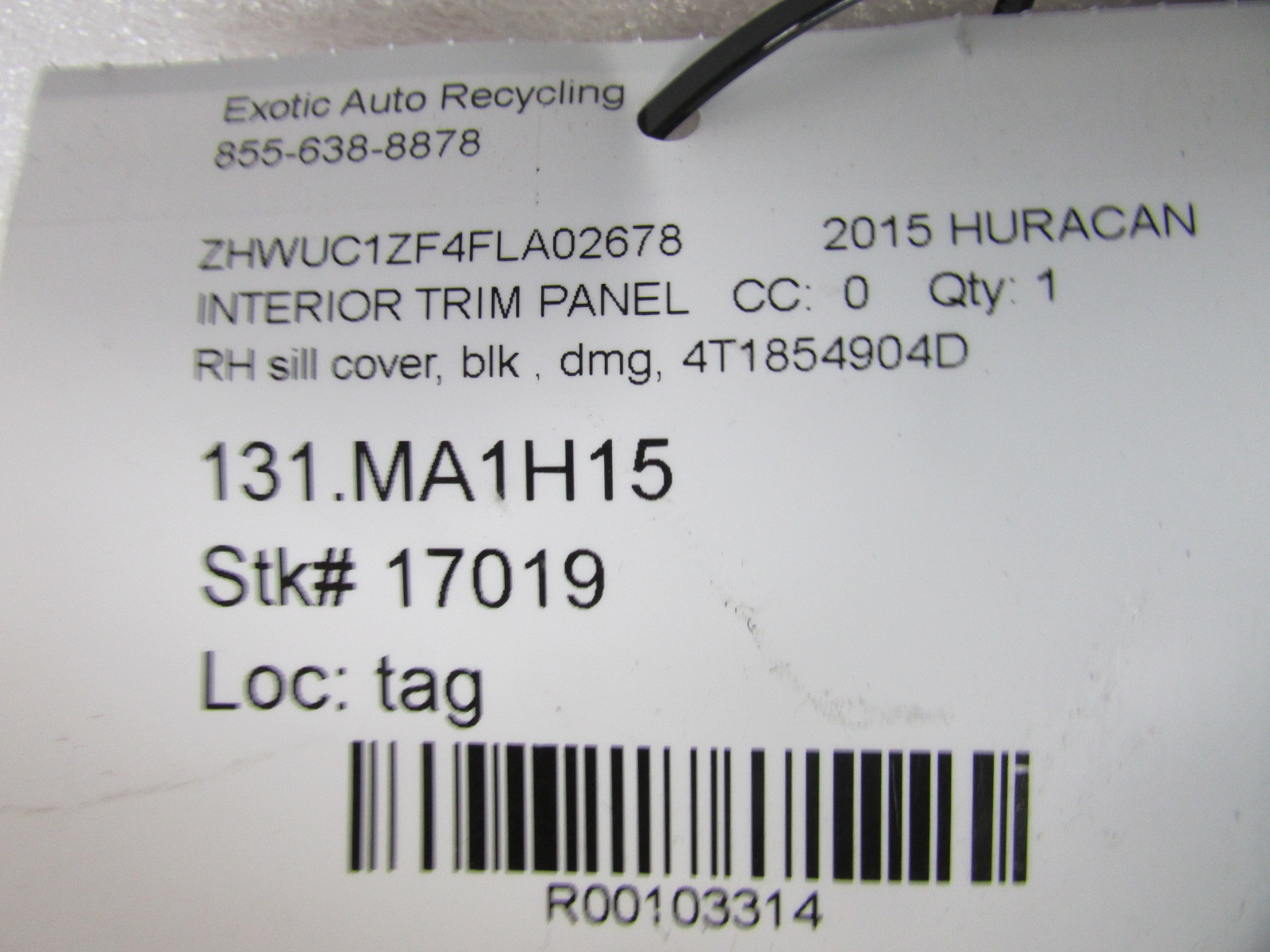 Lamborghini Huracan, RH, Right Sill Cover, Black, Used, P/N 4T1854904D