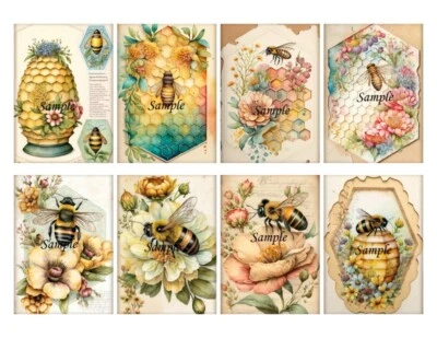 Bee Bees Flower Floral - 8 x DIY Gift Tag Craft Card Scrapbook Journal - set 2 - image 1 of 2