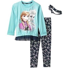 Disney Frozen Little Girls Long Sleeve Aqua Tunic, Leggings and Headband - NWT