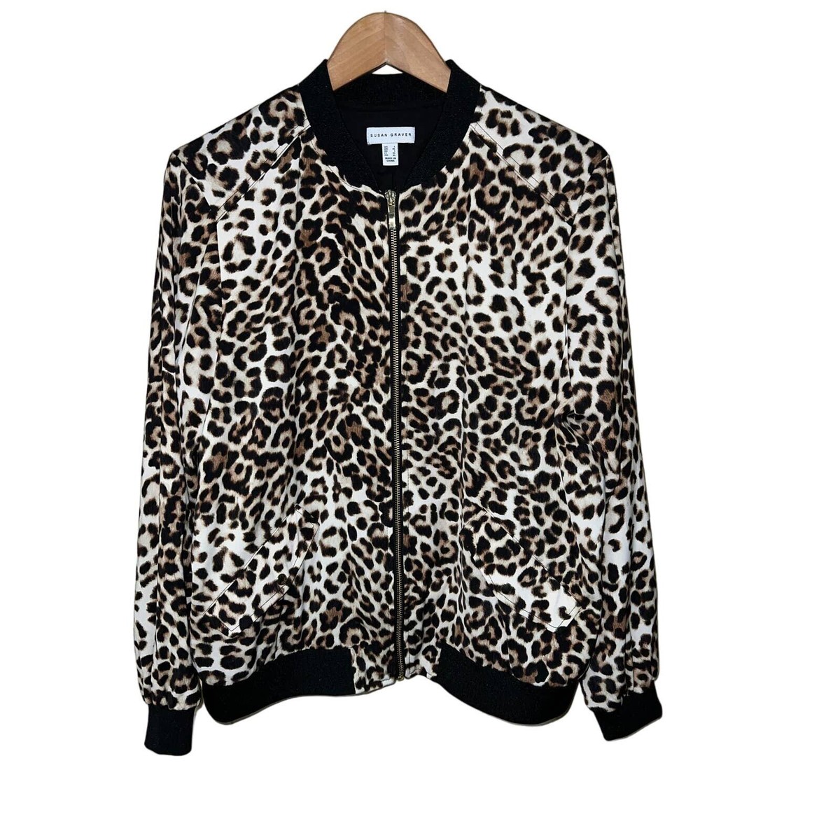 Susan Graver Large Leopard BOMBER JACKET Animal Print Sporty Coat