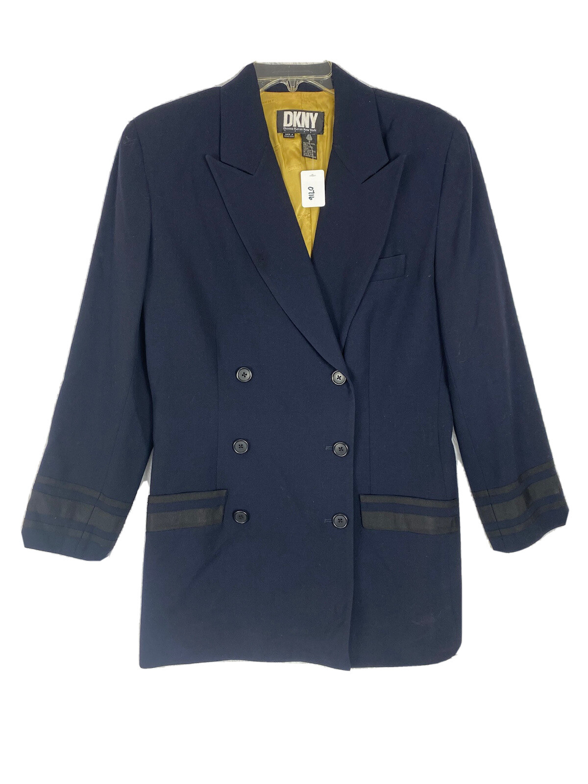 DKNY Navy Blue Double Breasted Long Blazer 100% Wool Womens Size