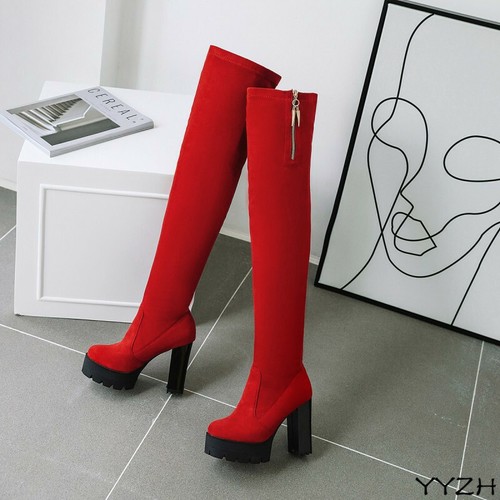 Women Sexy Over Knee High Platform Round Toe Faux Suede Metal Chain Boots SZ - Picture 14 of 14