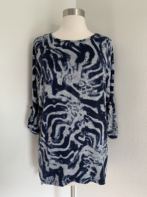 Clara Sun Woo Printed Tab Sleeve Dolman Knit Tunic Top Blue Womens Size XS