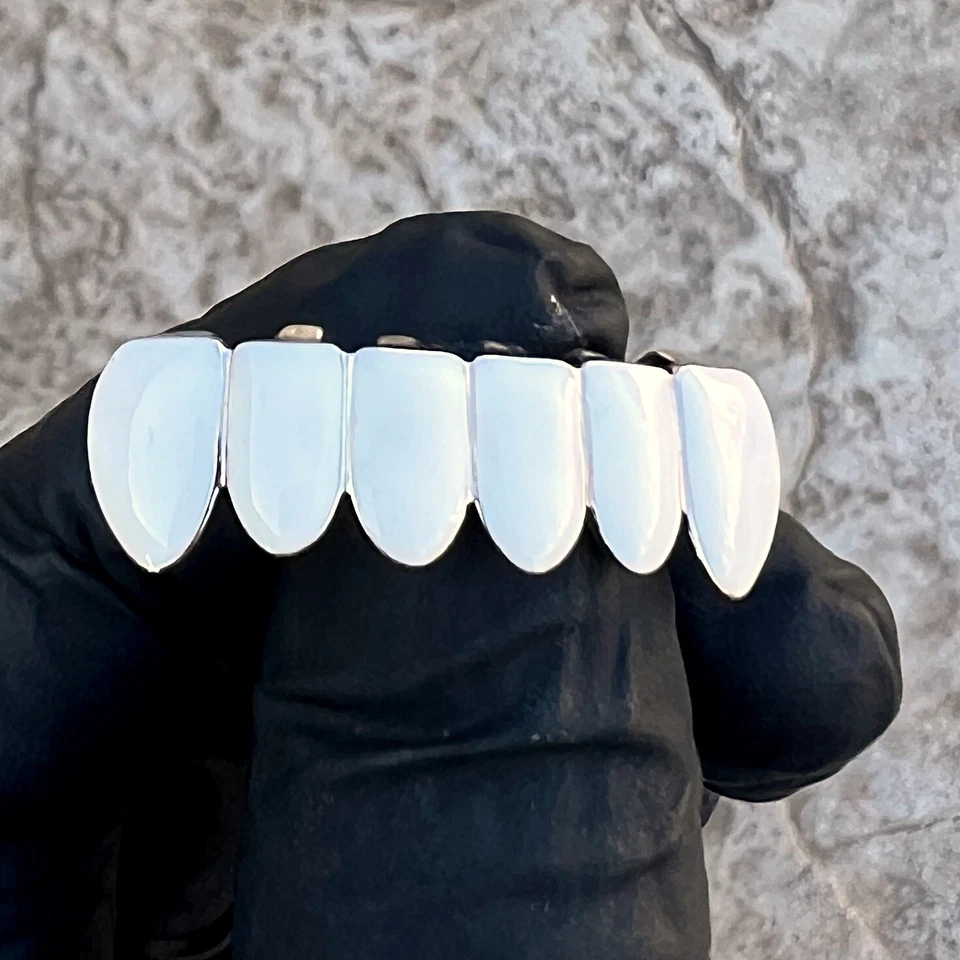 Real Solid 925 Sterling Silver White Enamel Grillz Top & Bottom Teeth Grills Set - Image 4 of 4