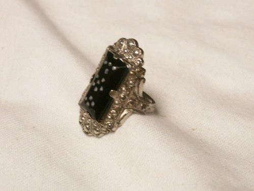 Art Déco Argent Ton, Verre Noir Bague, Taille 3.75 - Photo 4 sur 7