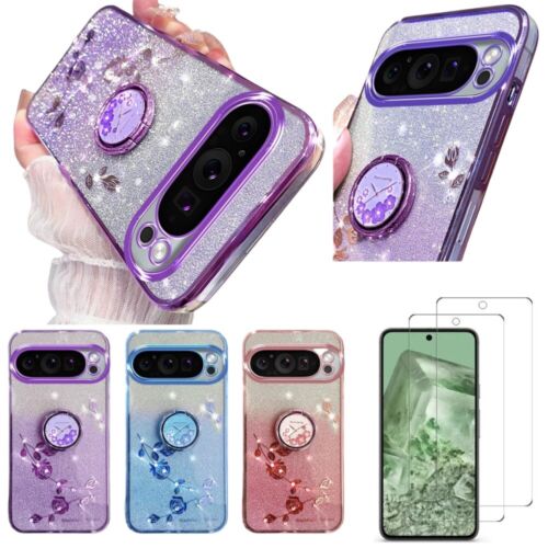 For Google Pixel 9 8 7 Pro Bling Flower TPU Ring Soft Phone Case Tempered Glass