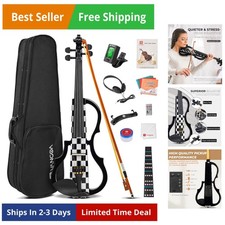 Electric Violin 4/4 Full Size Set, Solid Maple Wood Silent Electric Violin Bu...