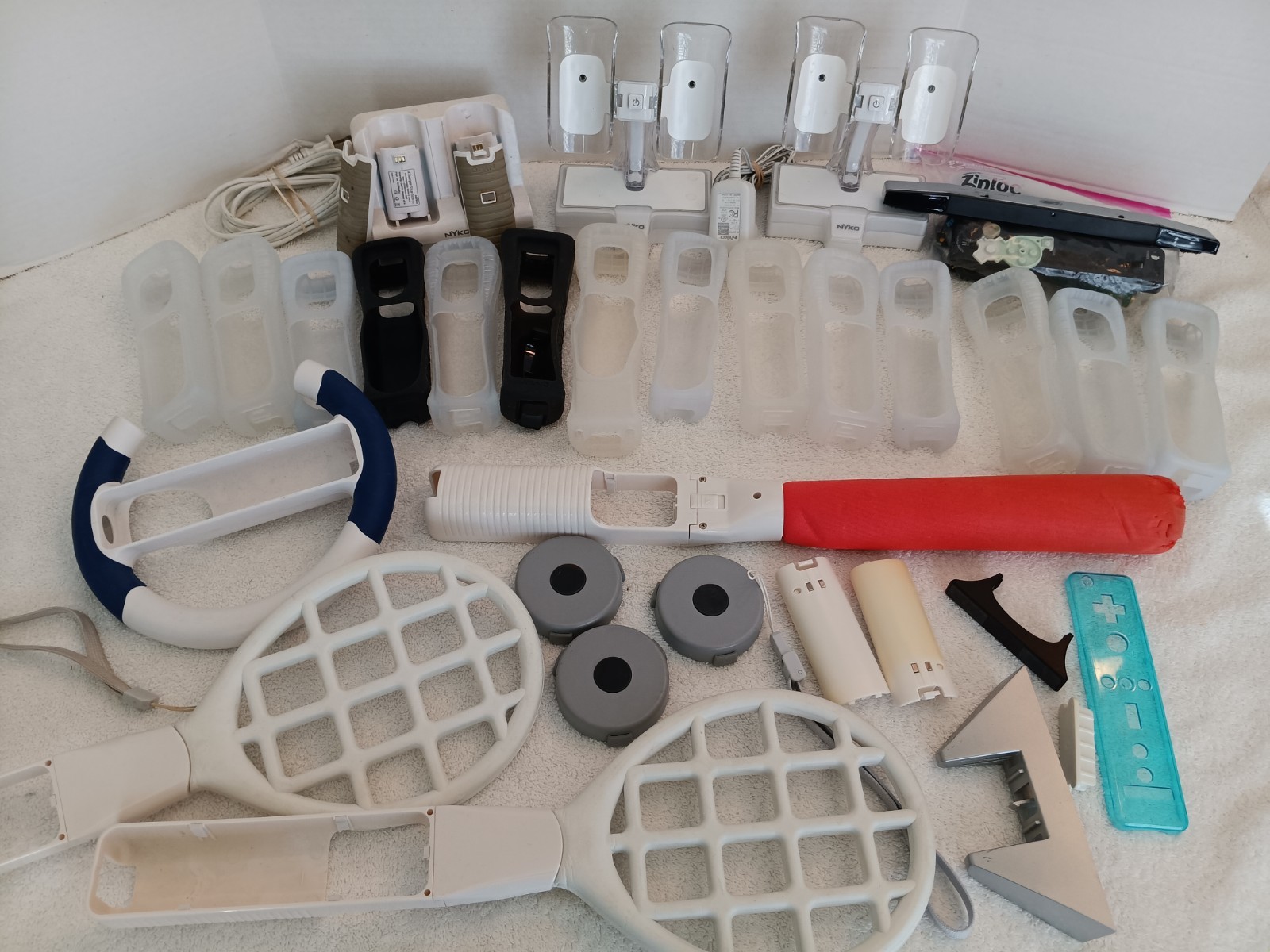 Lot of Nintendo Wii Accessories Chargers Wiimote Covers Steering Wheel Sports