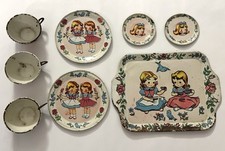 Vintage J. Chein  Co. Tin Litho 8 Pc. Children  s Tea Set USA - Girls  Flowers