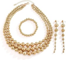 Gold Beaded Jewelry Set Chunky Multi Strands Choker Necklace Bracelet Earrings