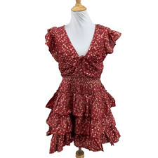 Anthropologie Dress Womens S Small Garnet Short Sleeve V Neck Smocked Ruffled