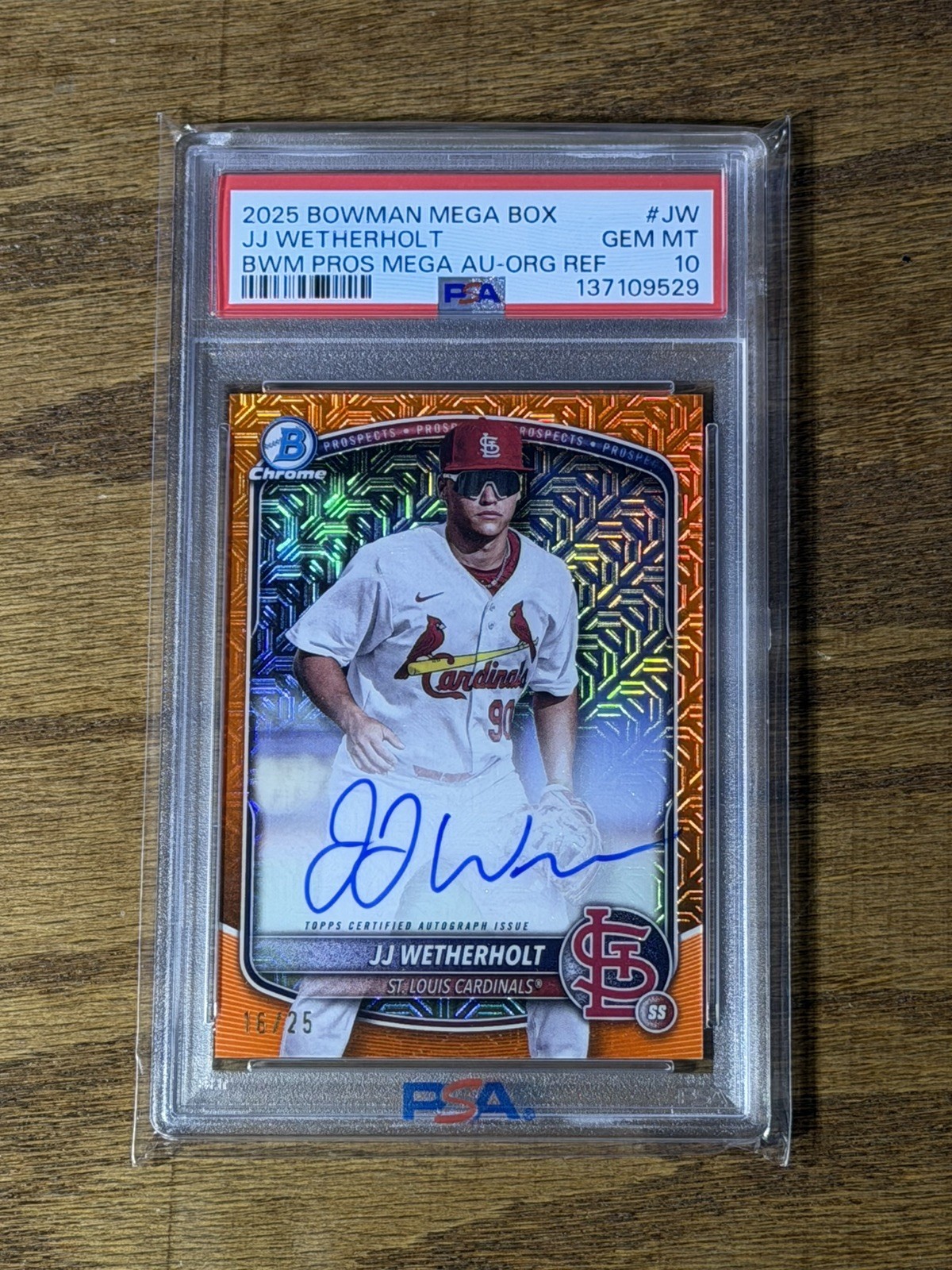 2025 Bowman Mega JJ Wetherholt Orange Mojo Refractor Auto /25 PSA 10 BMA-JW