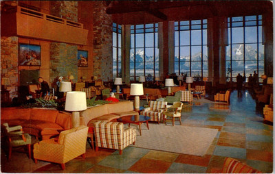 Vintage Jackson Lake Lodge Postcard   Grand Teton View from Main Lounge Wyoming