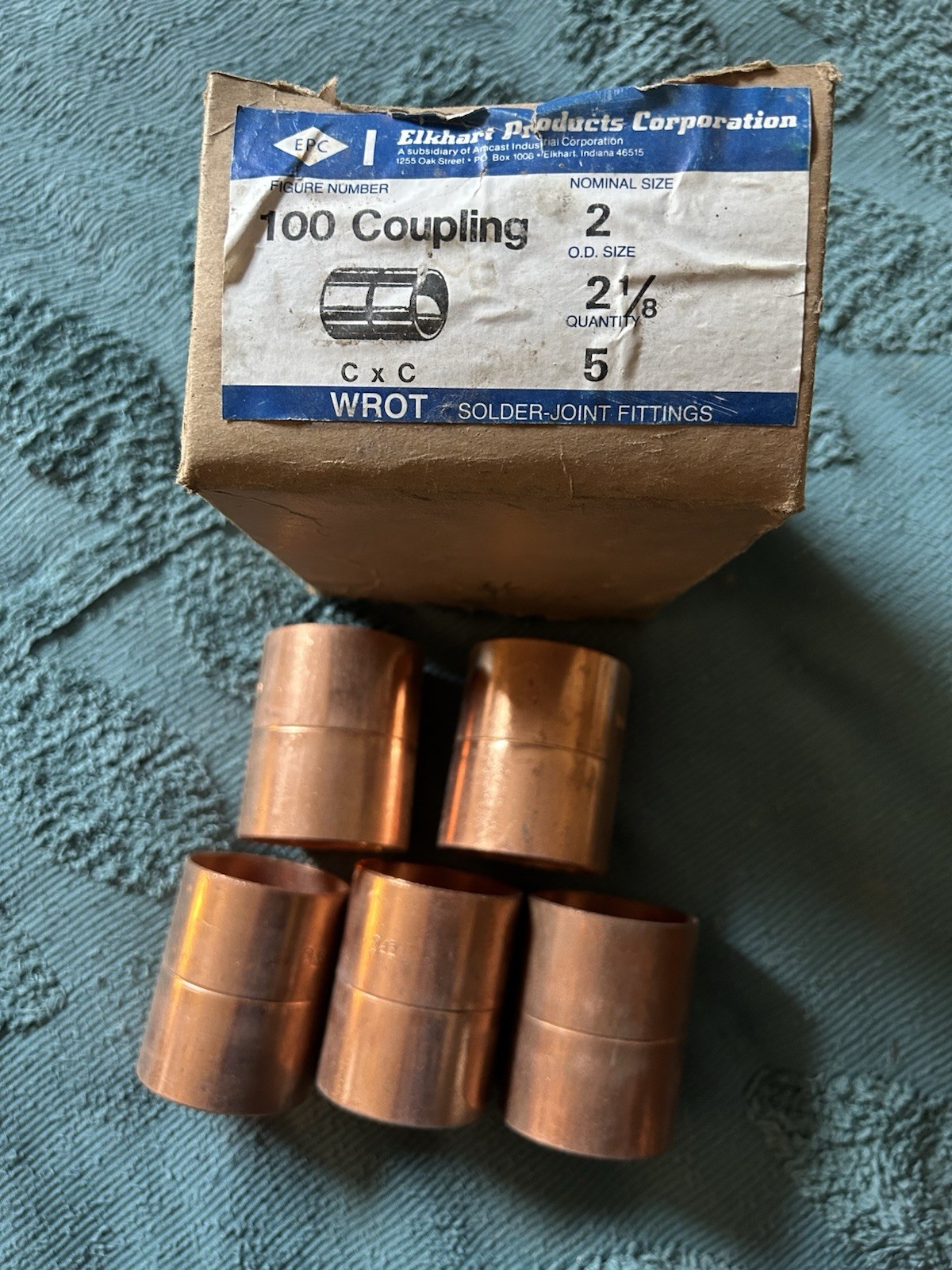 Lot of 5, 2” Elkhart Copper Couplings With Stop NOS Open Box.  Solder sweat 