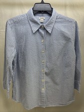 L.L. Bean Button Up Striped Seersucker Women’s Size S Blue White 3/4 Sleeve