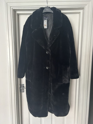 Marks Spencer Faux Fur Coat Longline Jacket Black UK 20 RRP