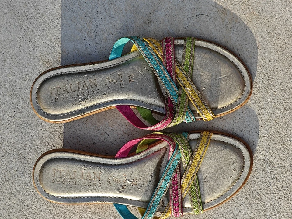 Vtg Italian Shoemakers Sandals Size 7.5 Pastel Straps Cork Wedge Made in Italy - Image 3 of 4