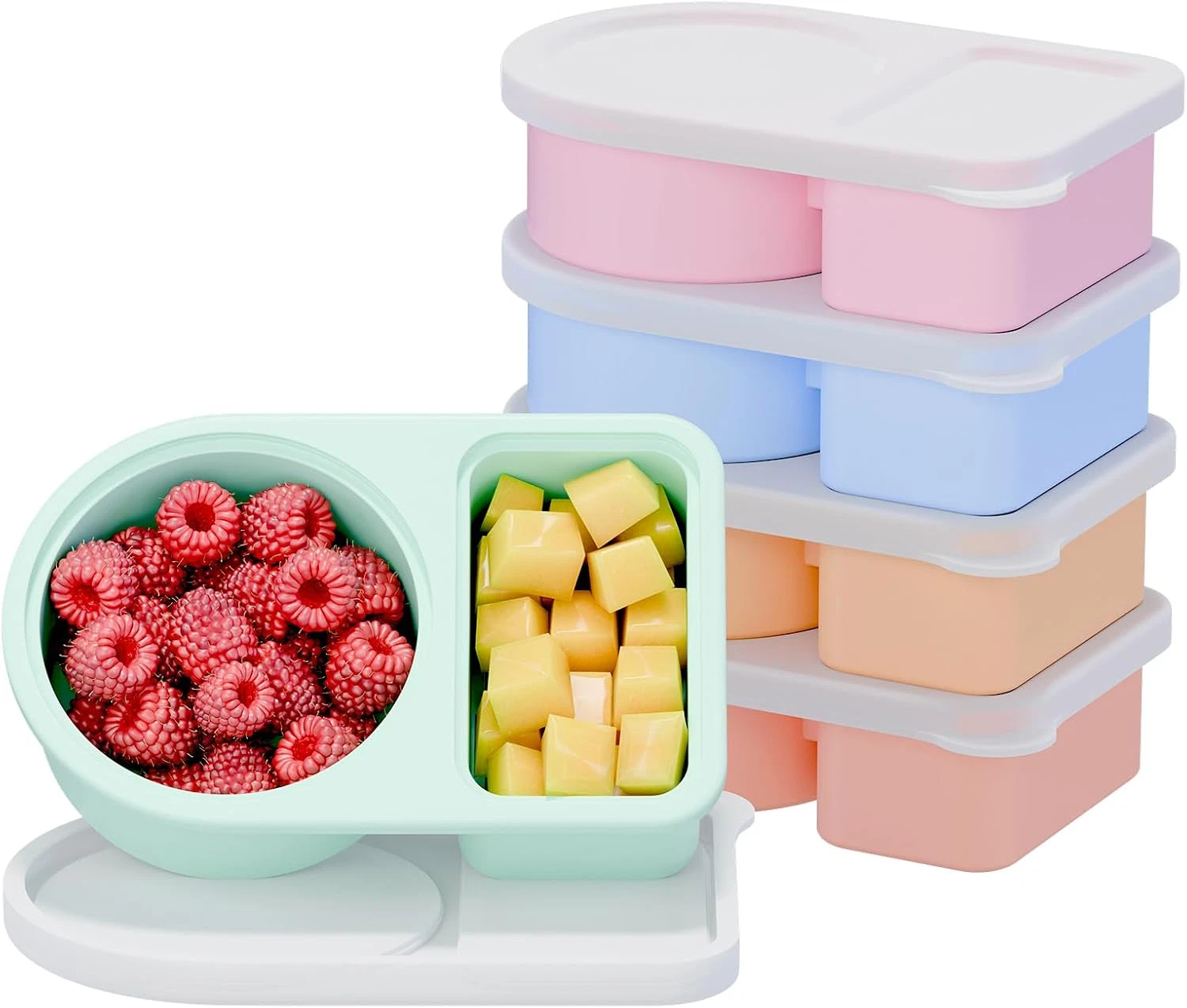 5 Pack Silicone Snack Containers, 2 Compartments Reusable Snackle Box with Lids,