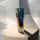 Murano Vase Faceted Blue Sommerso Glass Block Blue Yellow MCM Collection - As Is