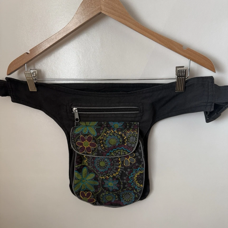 Riñonera Hecha a Mano del Himalaya Bolso de Cadera Negro Gris Bordado Boho Hippie Festival Foto 2 de 4