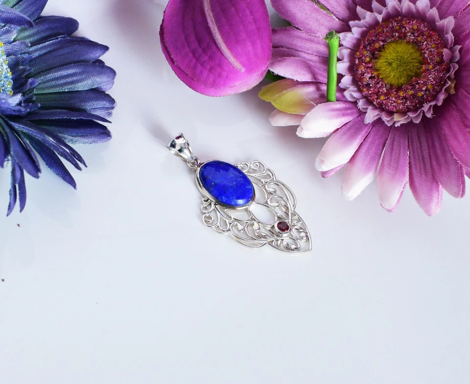 Pietra preziosa lapislazzuli argento sterling 925 ciondolo granato look... - Immagine 4 di 4