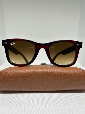 New Ray Ban Bio-Based RB2140 Wayfarer Sunglasses Striped Red w/ Brown Gradient